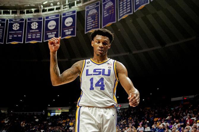 LSU senior guard Marlon Taylor (14) walks back on defense during the Tigers' 82-78 win over the Mizzou Tigers on Tuesday, Feb. 11, 2020, in the PMAC.