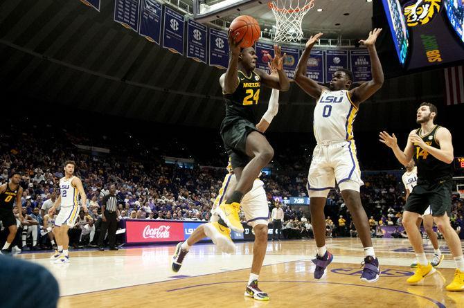 LSU sophomore forward Darius Days (0) plays defense during the Tigers' 82-78 win over the Mizzou Tigers on Tuesday, Feb. 11, 2020, in the PMAC.