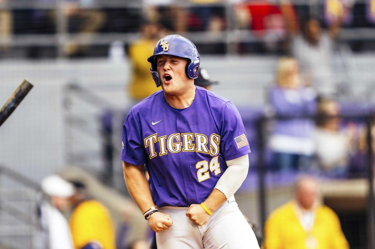 LSU baseball first base sophomore Cade Beloso (24) screams during LSU's 7-4 victory against Indiana in Game 2 on Saturday, Feb. 15, 2020 in Alex Box.