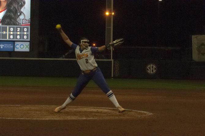 <p>LSU freshman Pitcher Ali Kilponen throws the ball at the LSU win against CSUN on Saturday night,Feb23.2019.</p>