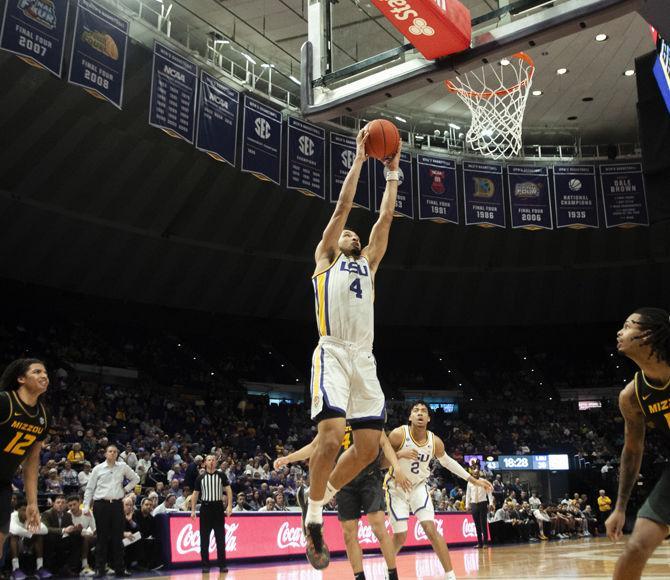 LSU senior guard Skylar Mays (4) shoots the ball during the Tigers' 82-78 win over the Mizzou Tigers on Tuesday, Feb. 11, 2020, in the PMAC.