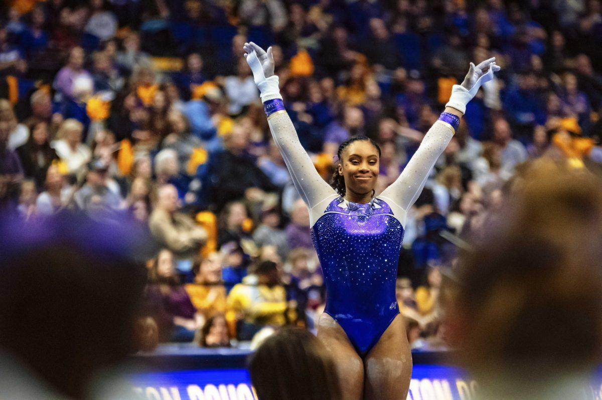 LSU gymnastics senior Kennedi Edney gets ready to perform her bars routine on Friday, Feb. 28, 2020 during LSU's 197.125-195.725 victory over Arkansas in the PMAC.