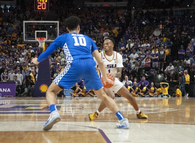 LSU sophomore guard Javonte Smart (1) dribbles the ball during the Tigers' 79-76 loss to Kentucky on Tuesday, Feb. 18, 2020, in the PMAC.