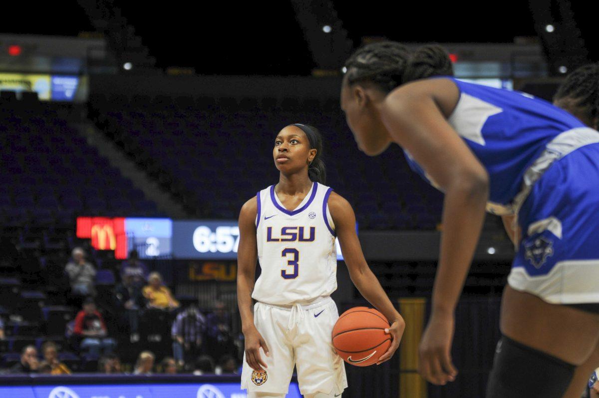 LSU junior guard Khayla Pointer (3) warms up for a free-throw during the Lady Tigers' 83-49 victory over the University of New Orleans in the PMAC on Tuesday, Nov. 5, 2019.