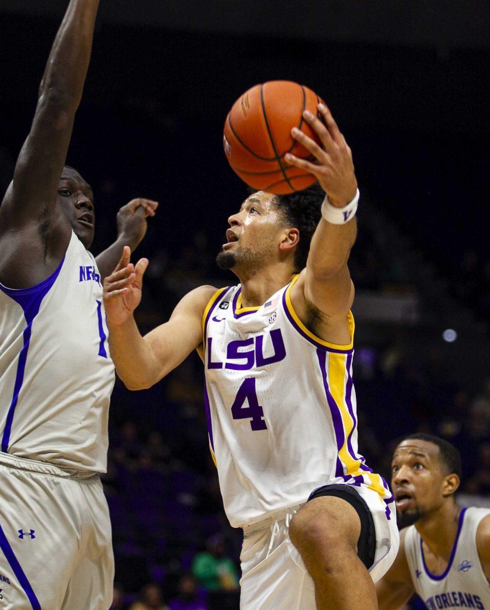 LSU senior guard Skylar Mays (4) shoots the ball during the Tigers' 90-54 victory over the University of New Orleans on Wednesday, Dec. 3, 2019, in the PMAC.