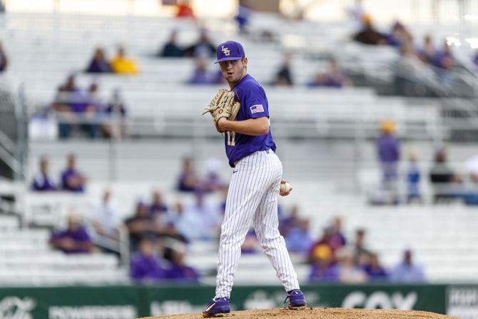 LSU freshman pitcher Landon Marceaux (11) prepares to pitch during the Tigers' 5-3 victory over Lamar on Tuesday, April 23, 2019, in Alex Box Stadium.