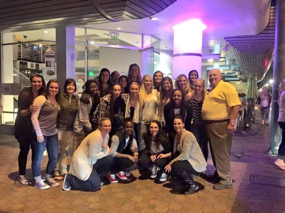 Mike Moore (far right) after his last meal with the LSU Softball team in Palm Springs, California, in 2015. Courtesy Chelsey Chamberlain, LSU Athletics