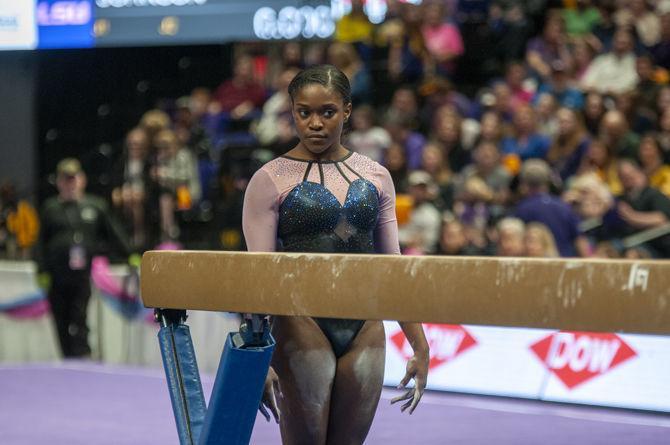 LSU all-around freshman Kiya Johnson waits to perform her routine during the Tigers' 196.575- 196.275 win over Auburn on Friday, Jan. 17, 2020, in the PMAC.