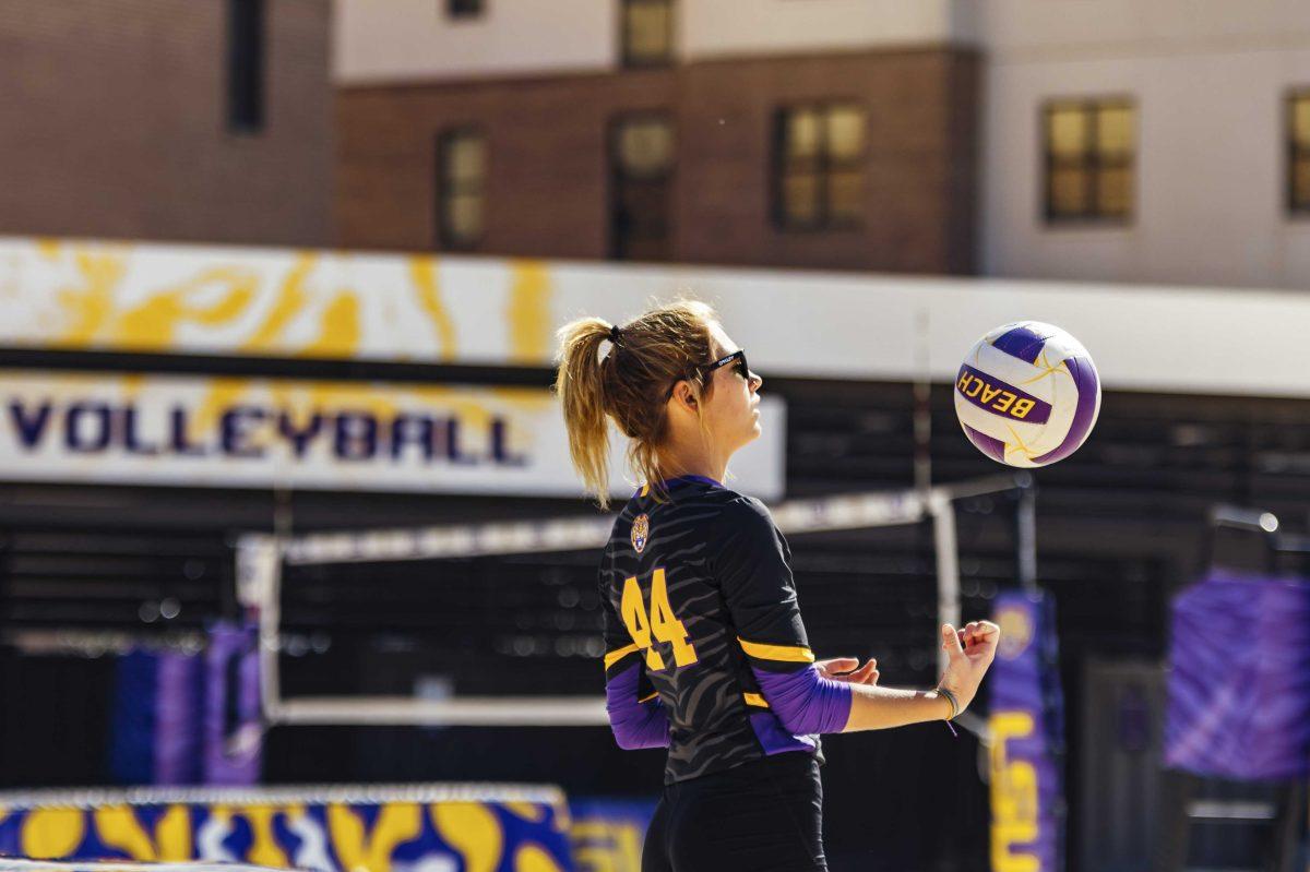 LSU beach volleyball freshman Sydney Moore (44) throws the ball during the Purple vs. Gold scrimmage on Saturday, Feb. 15, 2020 at the Beach Volleyball Complex.