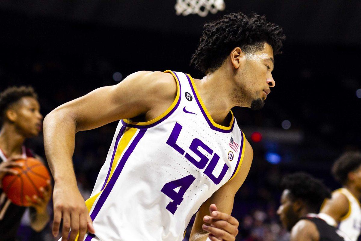 LSU senior guard Skylar Mays (4) runs down the court during the Tigers' 75-65 victory over Nicholls on Saturday, Nov. 16, 2019, in the PMAC.