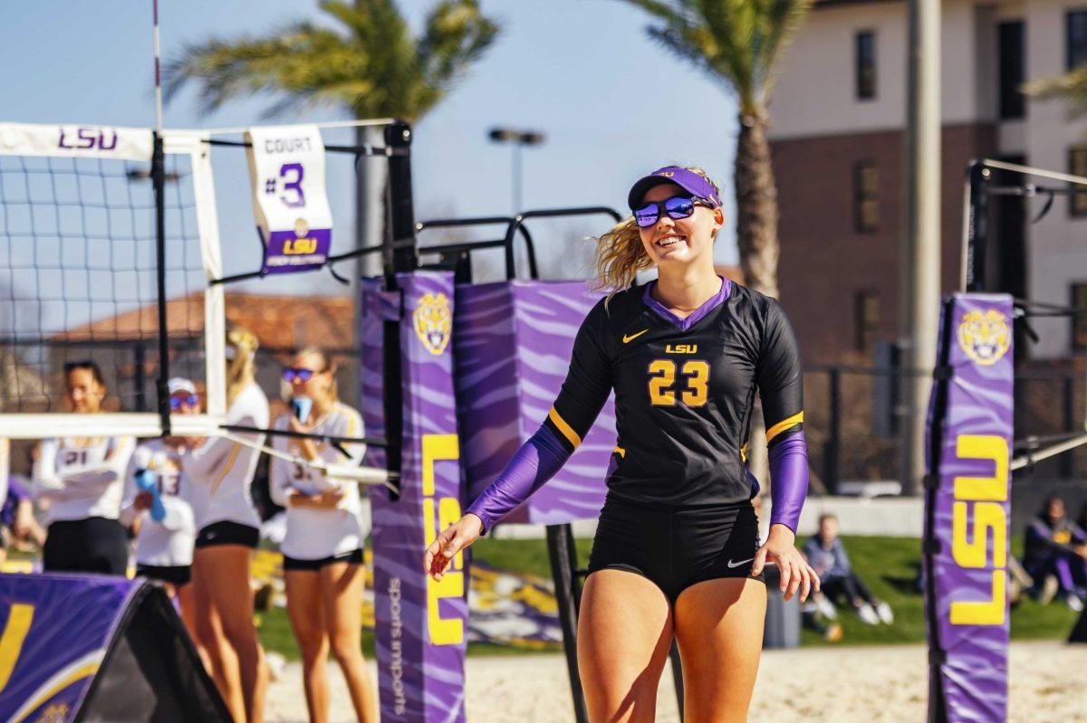 LSU beach volleyball freshman Ashlyn Rasnick-Pope (23) laughs during the Purple vs. Gold scrimmage on Saturday, Feb. 15, 2020 at the Beach Volleyball Complex.