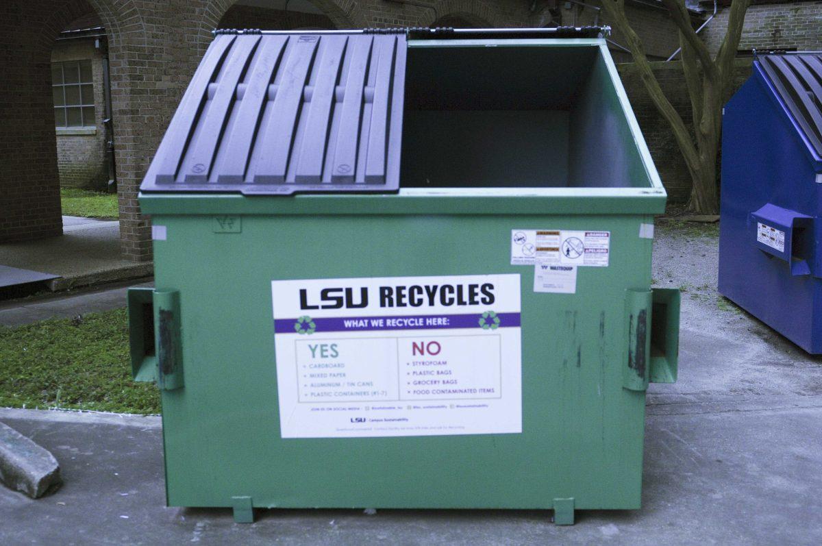 A recycling dumpster sits on LSU campus on Feb. 25, 2020.