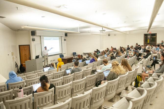 Professor Gros teaches abnormal psychology on Wednesday, Feb. 5, 2020, in Lockett Hall.