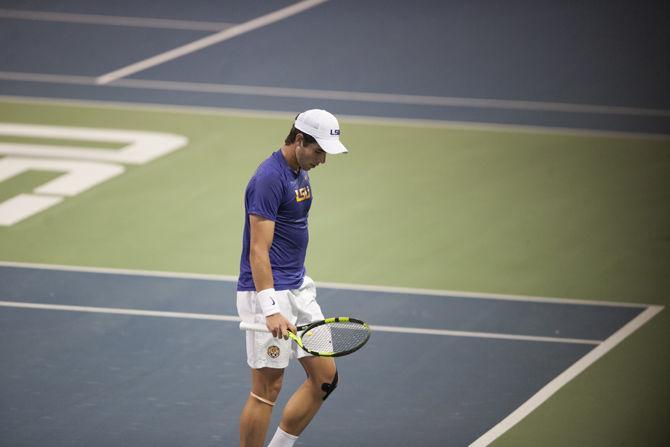 LSU freshman Rafael Wagner reflects on his play during the Tigers' 3-4 loss to Santa Clara at the LSU Tennis Complex on Friday, Feb. 3, 2017.