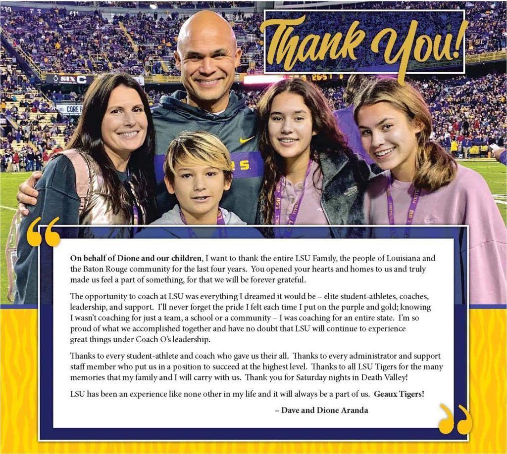 Dave Aranda and his wife thank LSU in an Advocate newspaper ad.