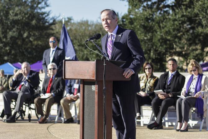 <p>LSU President F. King Alexander speaks during the LSU salute ceremony at the Parade Ground on Saturday Nov. 3, 2018.</p>