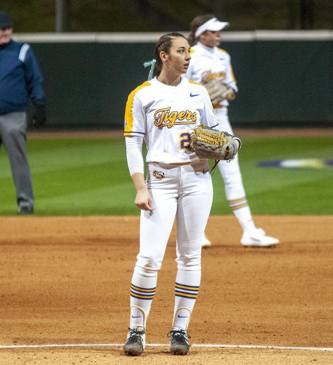 LSU junior pitcher Shelbi Sunseri (27) stands on the mound during the Tigers' 3-2 win against the Central Arkansas Bears on Thursday, Feb 6, 2020, at Tiger Park.