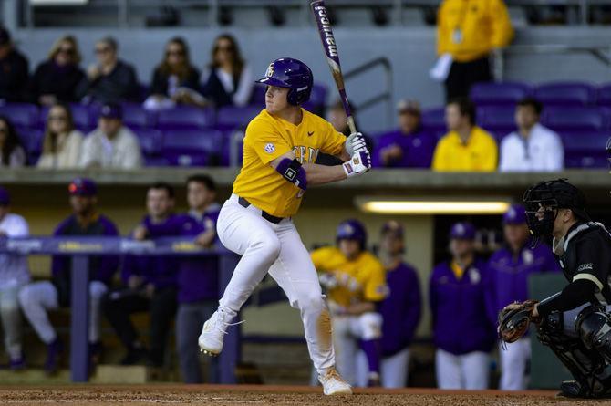 Sophomore outfielder Daniel Cabrera prepares to swing during LSU's 4-3 win over Bryant on Sunday, Feb. 24, 2019 in Alex Box Stadium.