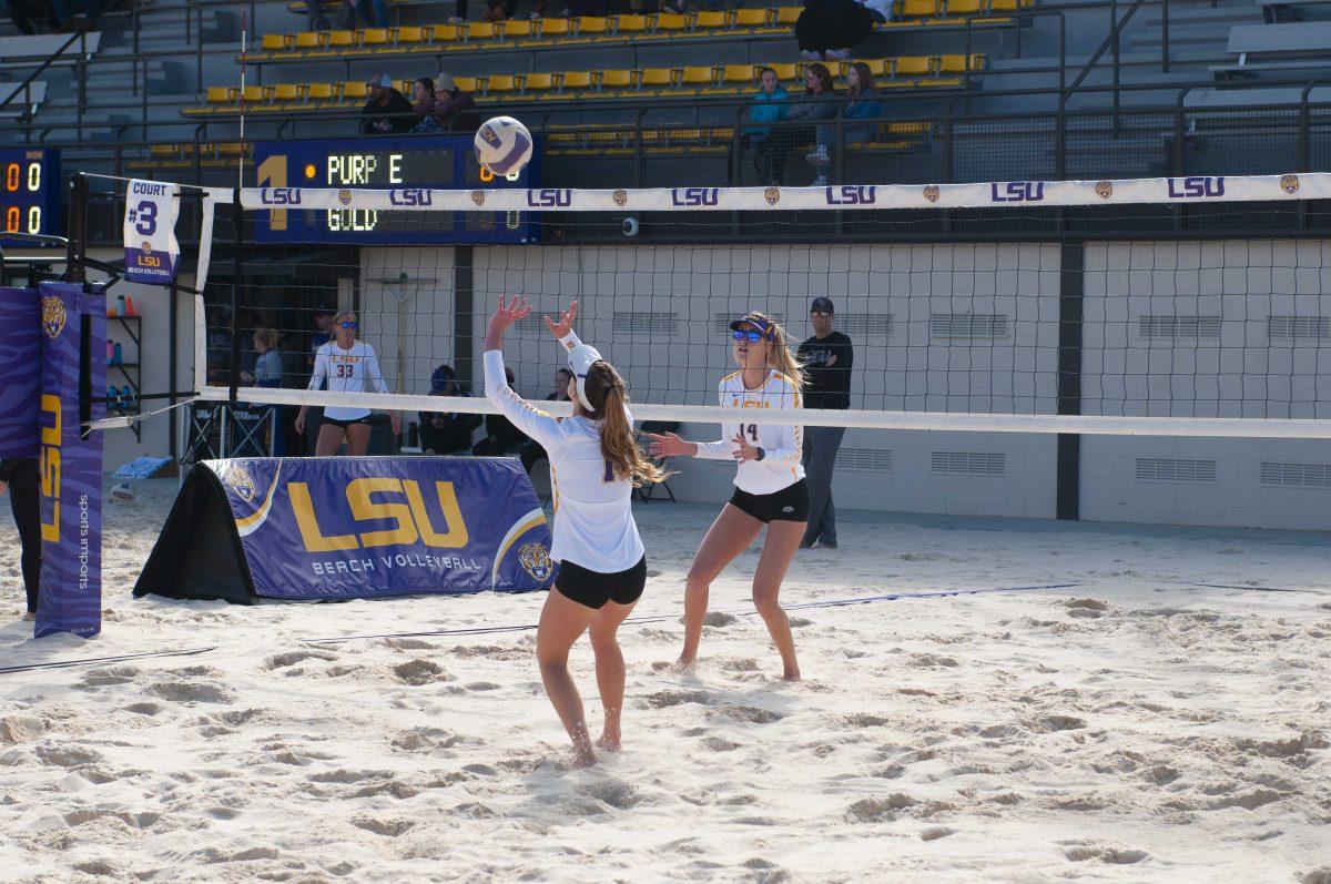 LSU senior Kristen Nuss (13) prepares to strike the ball&#160;during the Purple vs. Gold scrimmage on Saturday, Feb. 15, 2020 at the Beach Volleyball Complex.