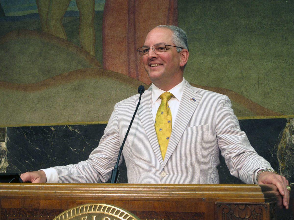 FILE - In this June 6, 2019 file photo, Louisiana's Democratic Gov. John Bel Edwards smiles as he describes the end of a legislative session in 2019 that saw his teacher pay raise and education spending plans win final passage. (AP Photo/Melinda Deslatte, File)