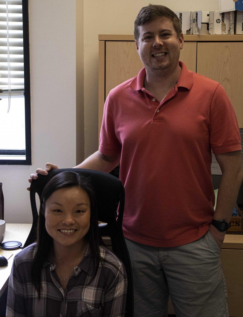 &#160;LSU Assisstant Professor, Alyssa Johnson and her husband, Assistant Professor, Adam Bohnert smile for a picture on Wednesday, Feb. 12, 2020 after an interview with Professor Johnson in her office in the Life Sciences Building.