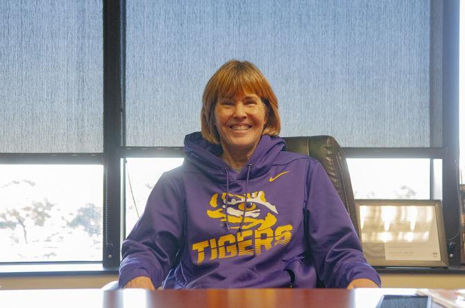 LSU volleyball coach Fran Flory sits at her desk in the administrative building on Friday, Feb. 7, 2020.