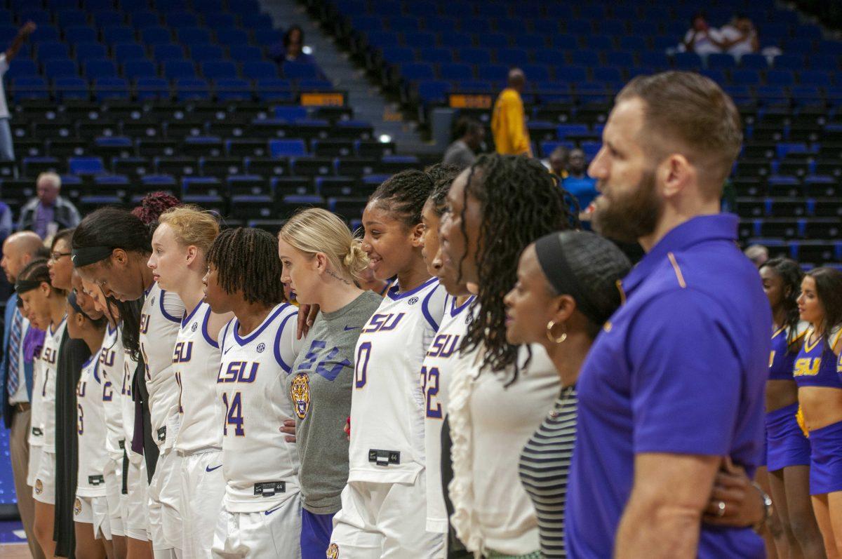 The LSU women's basketball team lines up to sing the Alma Mater during the Lady Tigers' 83-49 victory over the University of New Orleans in the PMAC on Tuesday, Nov. 5, 2019.