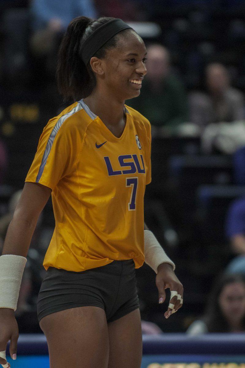 LSU junior right side Taylor Bannister smiles during the Tigers' 3-0 victory against Auburn on Wednesday, Nov. 6, 2019, in the PMAC.