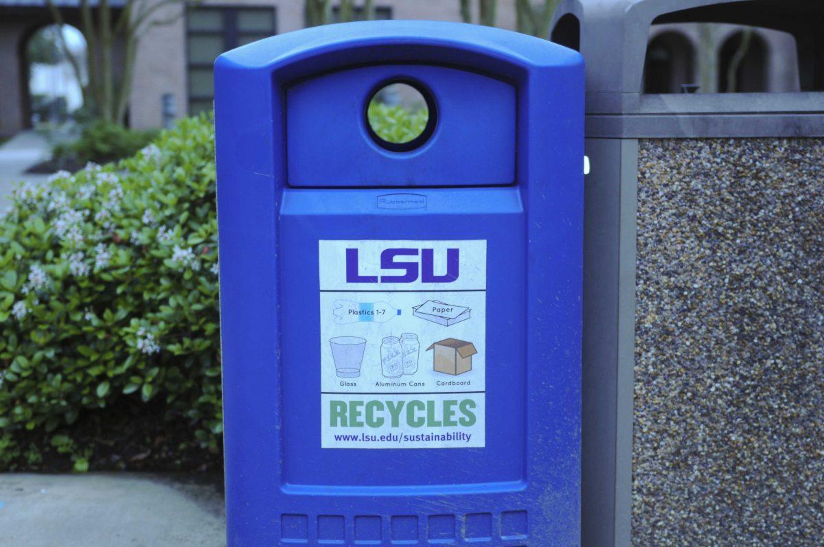 A recycling bin sits on LSU campus on Feb. 25, 2020.