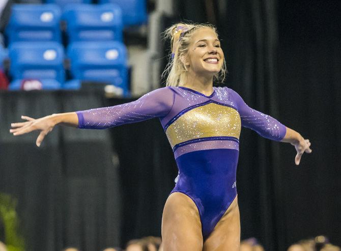 LSU sophomore Ashlyn Kirby performs her floor routine during the Semifinals of the NCAA Gymnastics Super Six on Friday, April 20, 2018, in Saint Louis, Missouri at the Chaifetz Arena.