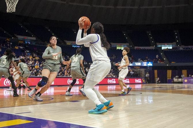 LSU junior center Faustine Aifuwa (24) shoots the ball during the Tigers' 61-55 win over Vanderbilt on Thursday, Feb. 27, 2020, in the PMAC.