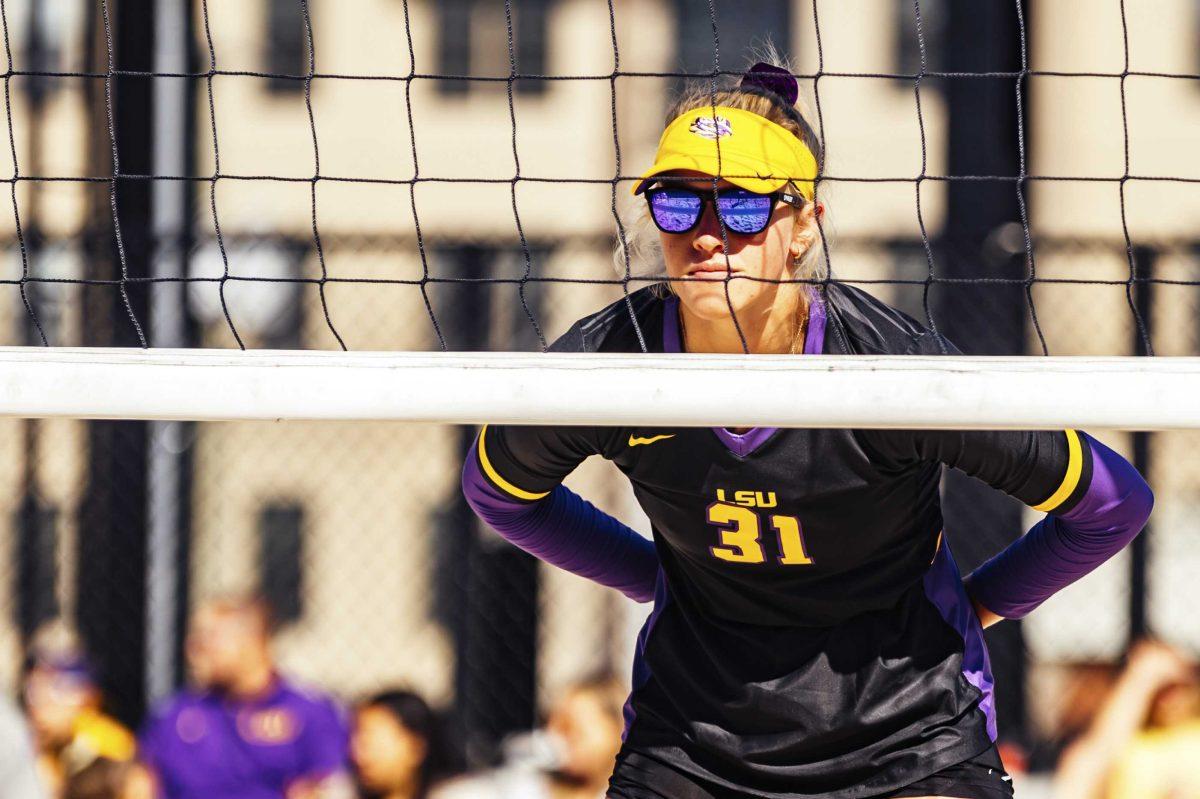 LSU beach volleyball senior Jess Schaben observes the court during the Purple vs. Gold scrimmage on Saturday, Feb. 15, 2020 at the Beach Volleyball Complex.