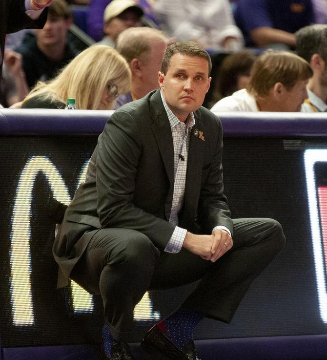 LSU men's basketball coach Will Wade coaches his team during the Tigers' 82-78 win over the Mizzou Tigers on Tuesday, Feb 11, 2020, in the PMAC.