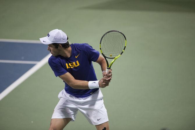 LSU freshman Rafael Wagner returns the ball during the Tigers' 3-4 loss to Santa Clara at the LSU Tennis Complex on Friday, Feb. 3, 2017.