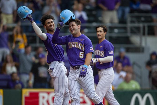 LSU freshman infielder Drew Bianco (5) celebrates after a home run during the Tigers' 5-3 victory over Lamar on Tuesday, April 23, 2019, in Alex Box Stadium.