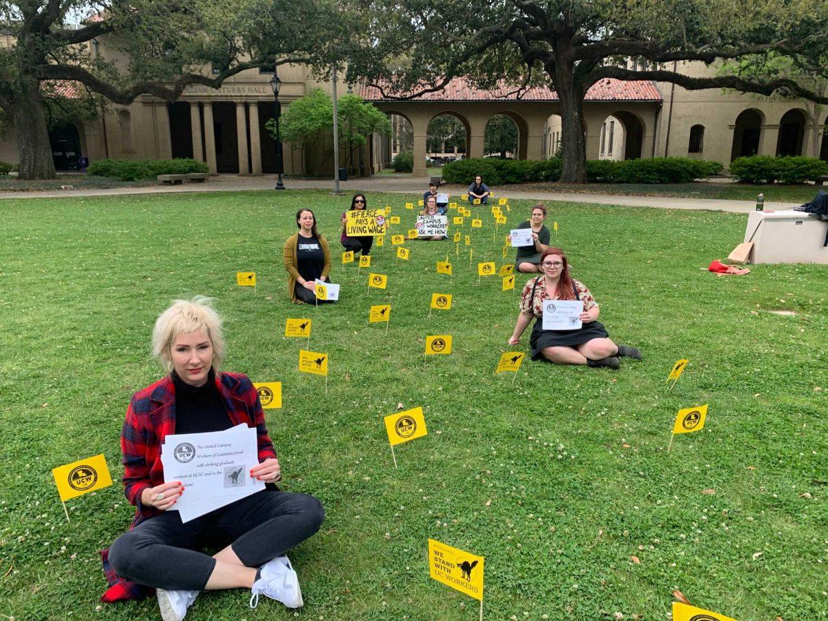 Students placed 82 flags in the quad to represent the 82 grad students who were fired for striking for a livable wage on March 9, 2020.&#160;