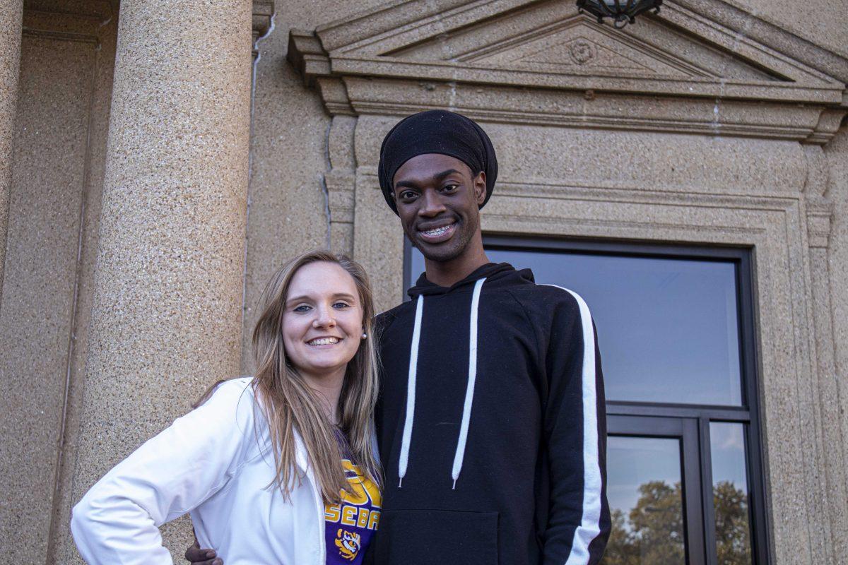 LSU Political Science Junior Hayden Robert and her prospective Presidential candidate, LSU Sports Administration Junior Desh Gaskins, stand next to each other and smile on Thursday, March 5, 2020, after an interview regarding their Student Government Presidential Campaign outside of Pleasant Hall.