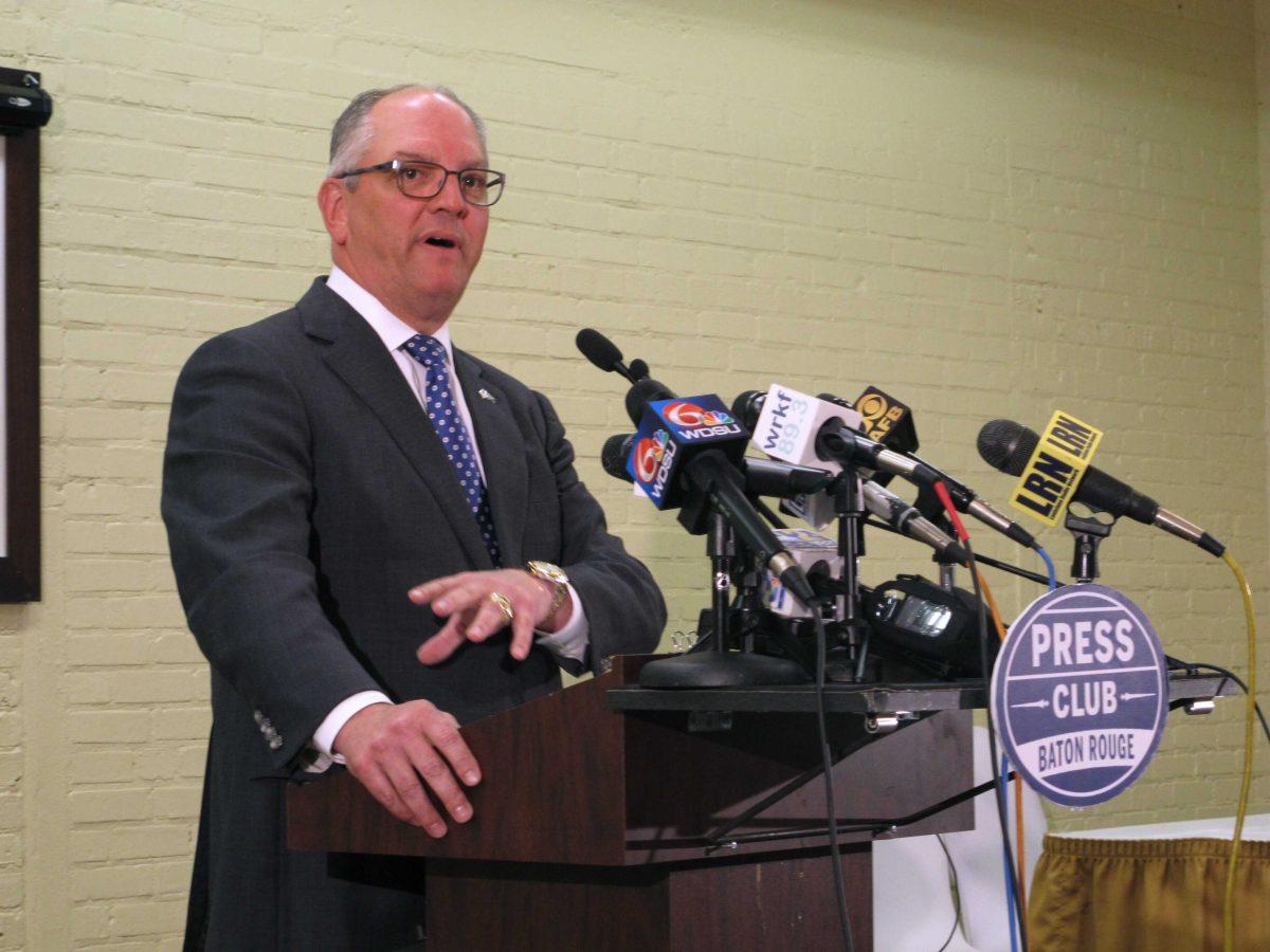 Louisiana Gov. John Bel Edwards speaks about his state's preparations for the new coronavirus and about his legislative agenda for the upcoming session on Monday, March 2, 2020, in Baton Rouge, La. (AP Photo/Melinda Deslatte)