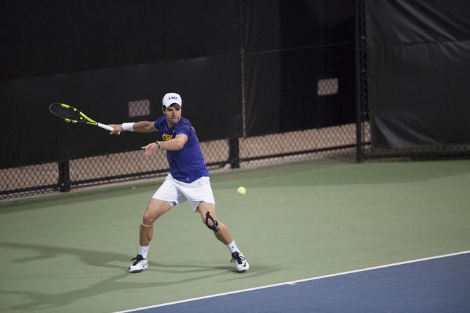 LSU freshman Rafael Wagner returns the ball during the Tigers' 3-4 loss to Santa Clara at the LSU Tennis Complex on Friday, Feb. 3, 2017.