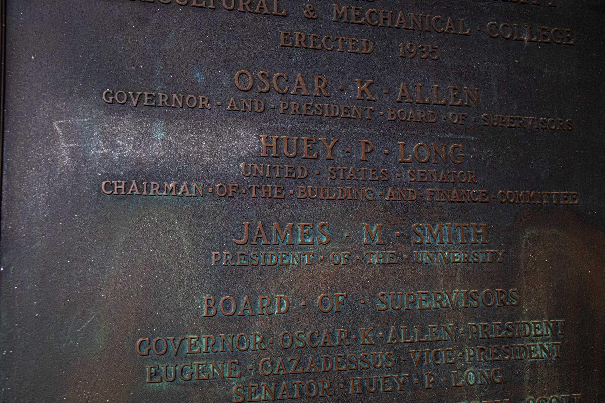 The word "Fascist" etched into a plaque pointing to Huey P. Long on Monday, March 9, 2020 outside of Allen Hall.