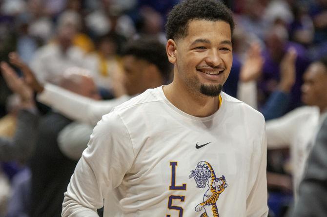 LSU senior guard Skylar Mays (4) smiles during the Tigers' 79-76 loss to Kentucky on Tuesday, Feb. 18, 2020, in the PMAC.