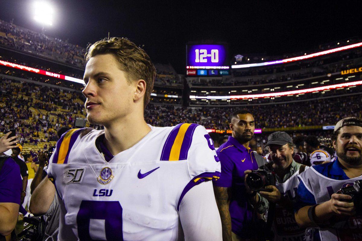 LSU senior quarterback Joe Burrow (9) leaves the field after the Tigers' 50-7 victory over Texas A&amp;M on Saturday, Nov. 30, 2019, at Tiger Stadium.