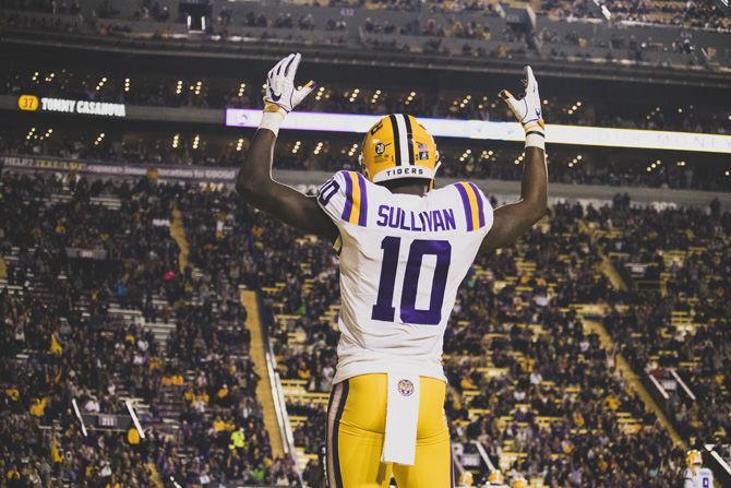 On Saturday, November 17, 2018 LSU junior wide receiver Stephen Sullivan (10) celebrates after Tigers' 42-10 victory against Rice on Saturday.