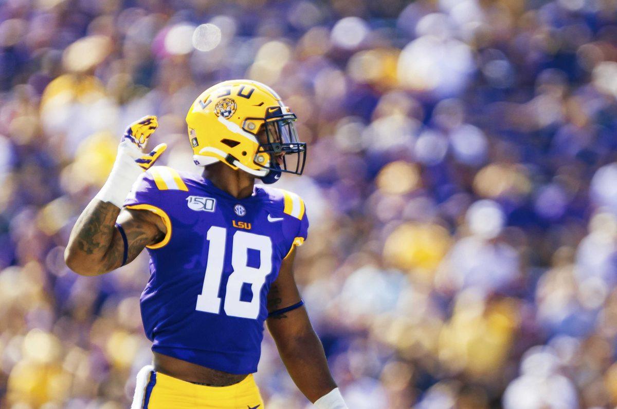 LSU sophomore K'Lavon Chaisson (18) in action during the Tiger's 42-6 win against Utah State on Saturday, October 5, 2019 at Tiger Stadium.