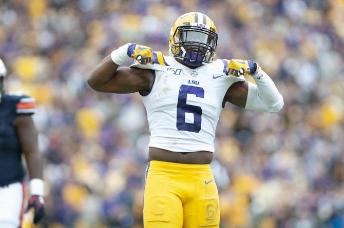 LSU junior linebacker Jacob Phillips (6) celebrates during the Tigers' game against Auburn on Saturday, Oct. 26, 2019, at Tiger Stadium.