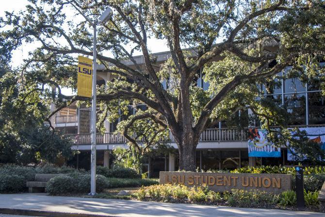 A live oak tree sits behind the LSU Student Union sign on Tuesday, Sept. 26, 2017.