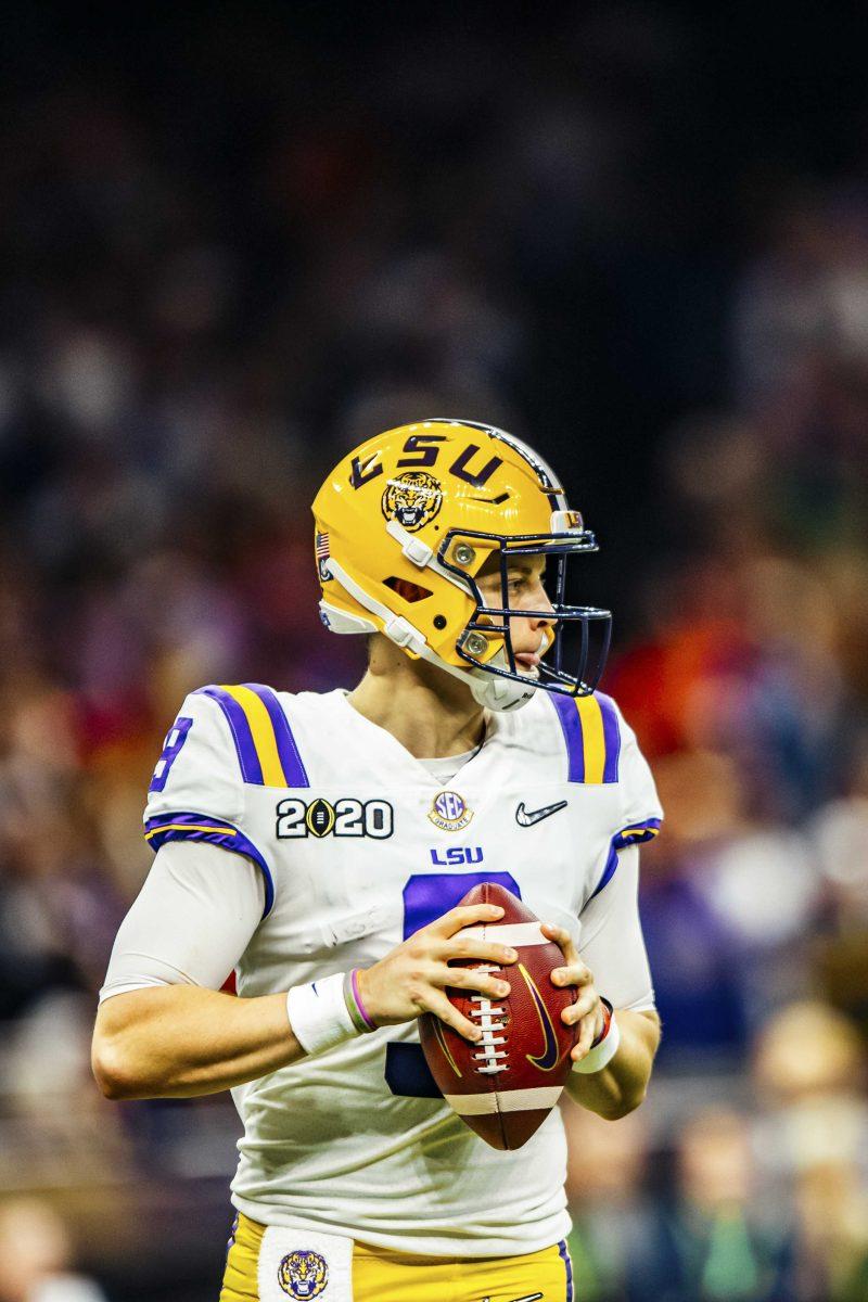 LSU senior quarterback Joe Burrow (9) prepares to the throw the ball on Monday, January 13, 2020 during LSU's 42-25 win against Clemson at the National Championship at the Mercedes-Benz Superdome.