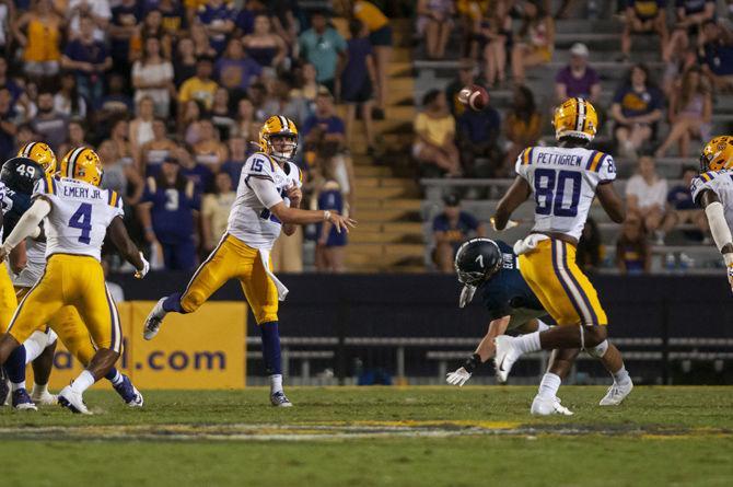 LSU sophomore quarterback Myles Brennan (15) throws the ball during the Tigers' 55-3 victory over Georgia Southern on Saturday, Aug. 31, 2019, at Tiger Stadium.