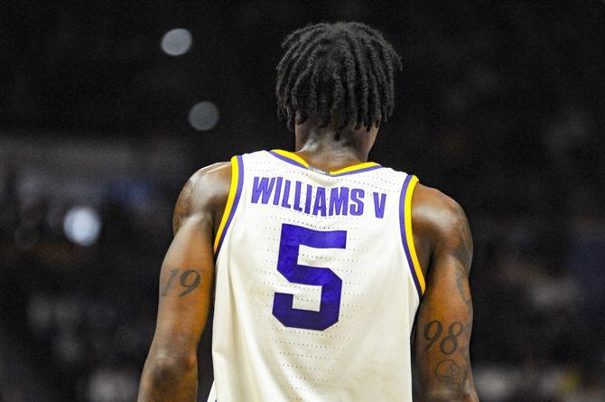 LSU sophomore forward Emmitt Williams (5) walks back on defense during the Tigers' 79-76 loss to Kentucky on Tuesday, Feb. 18, 2020, in the PMAC.