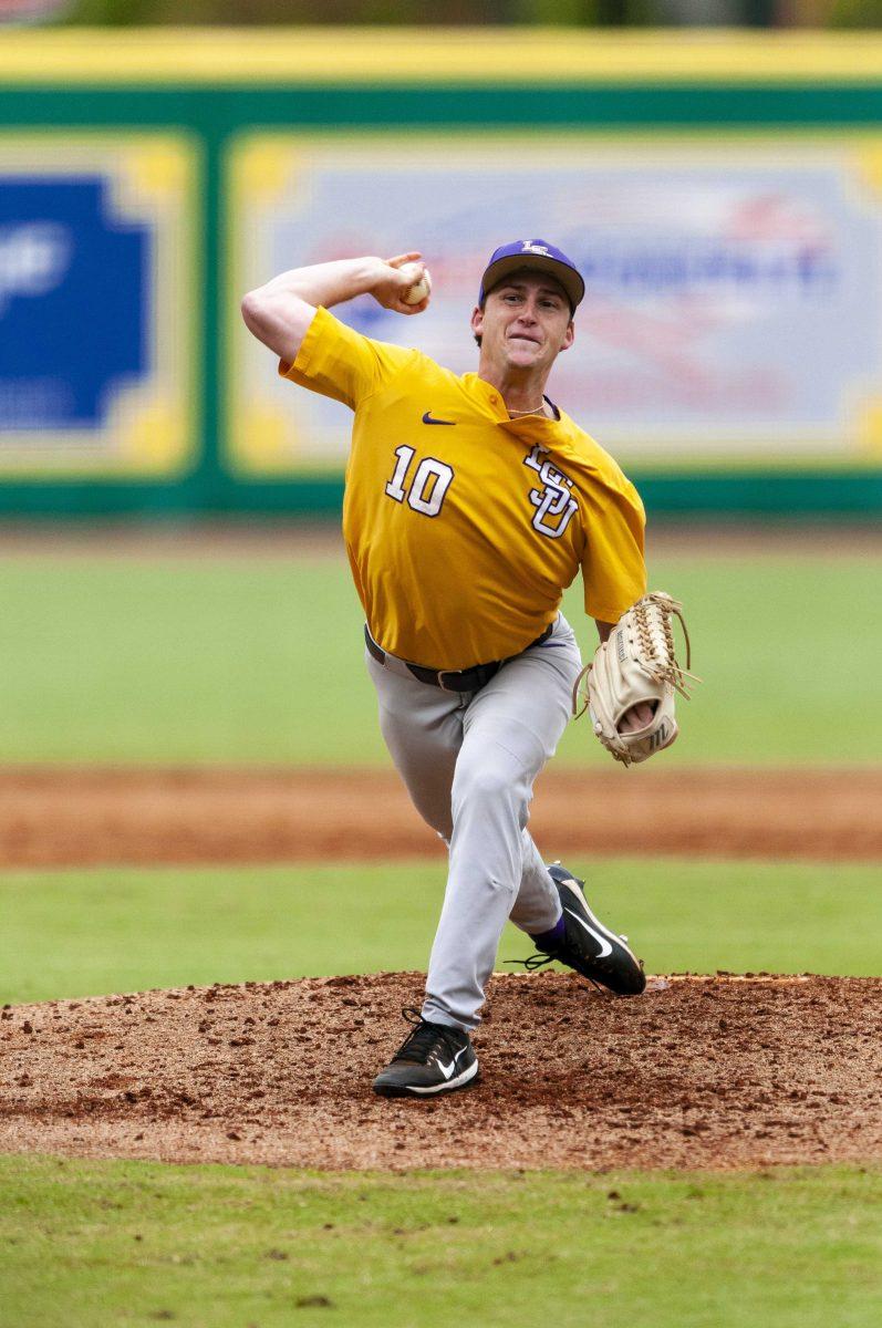 LSU junior pitcher Eric Walker (10) throws the ball during the Tigers' 4-3 victory over the University of New Orleans in Alex Box Stadium on Sunday, Oct. 27, 2019.